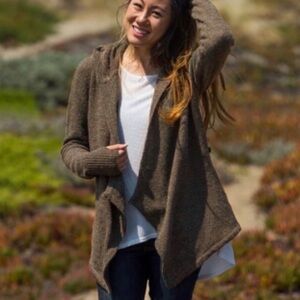Betabrand women’s wool alpaca Cozy Brown wrap thumb holes L/XL hooded Cardigan